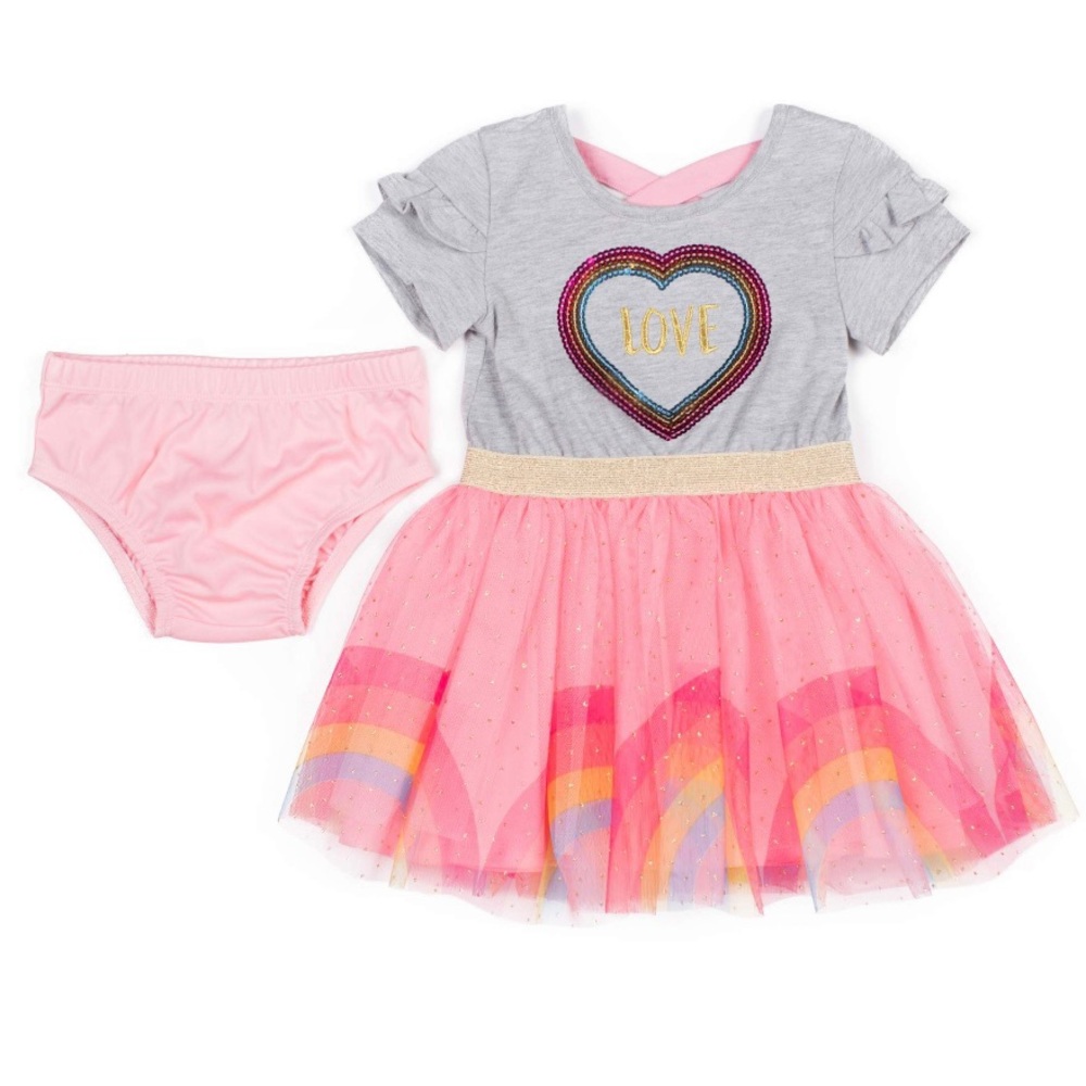 LITTLE LASS | grey/pink rainbow “Love” tulle dress & diaper cover